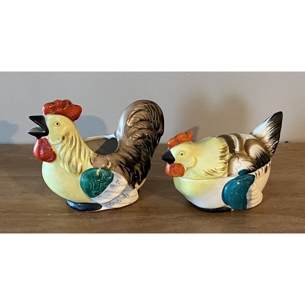 Vintage Ceramic Chicken Sugar Bowl and Creamer Pitcher - Made in Japan - READ